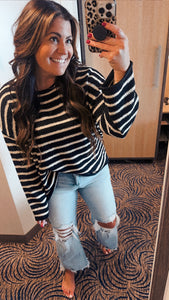 Black/Ivory Striped Boat Neck Sweater