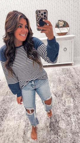 Staccato Navy Color Block Striped Long Sleeve Top