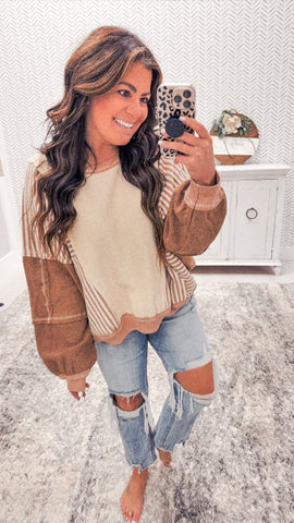 Mocha/Cream Striped Color Block Pullover