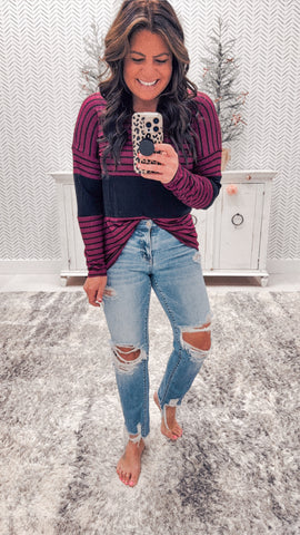 Burgundy/Black Striped Color Block Top