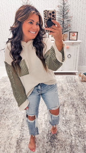 Olive/Cream Crochet Sleeve Pullover Sweater