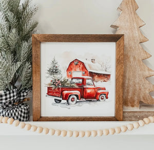 Red Holiday Truck Wooden Framed Christmas Sign