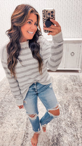 Staccato Heather Gray/Ivory Striped Crewneck Ultra Soft Sweater