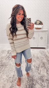 Hem & Thread Cream Mocha Striped Crewneck Sweater