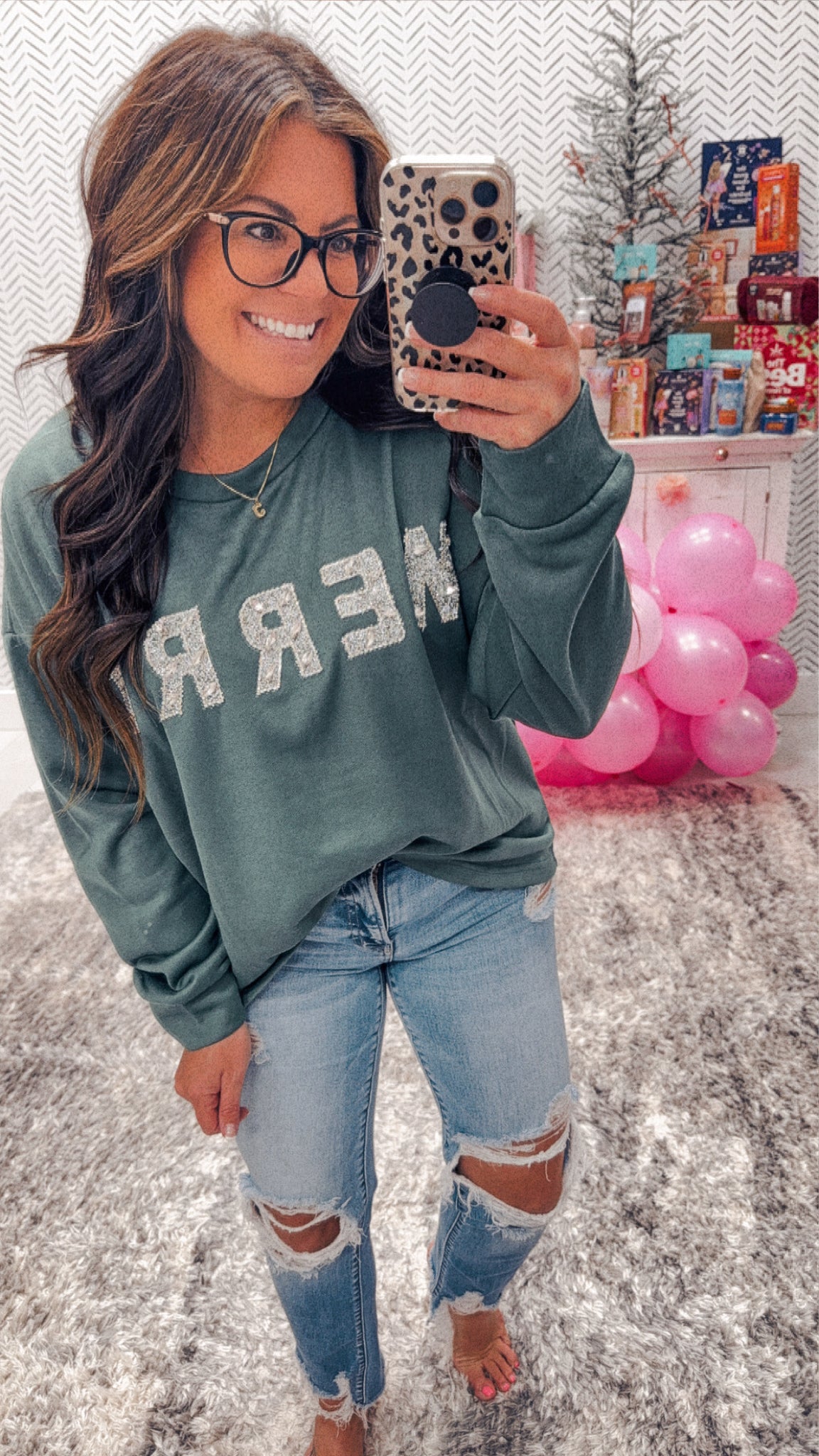 Holiday Green MERRY Sequin Glitter Crewneck