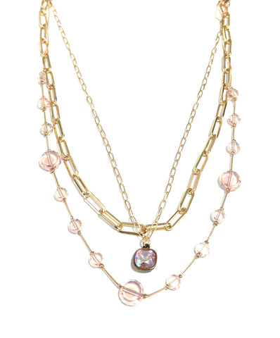 Pink Panache Gold Paperclip 3 Layer Necklace - Pink Crystal Drop