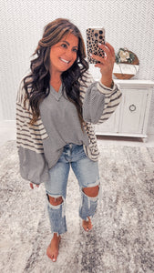 POL Charcoal Ivory Striped Boho Top