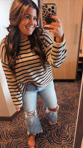 Taupe/Black Striped Boat Neck Sweater