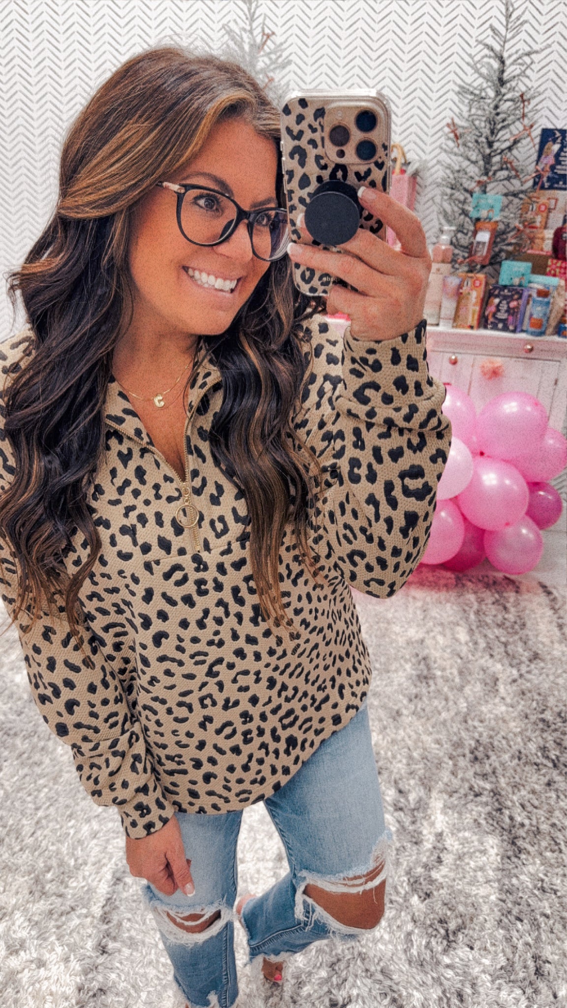 Taupe Leopard Print Quarter Half Zip Pullover