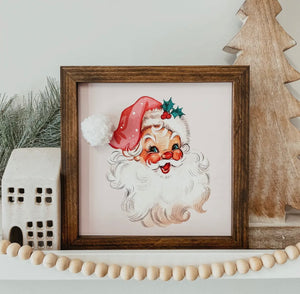 Vintage Santa Pom Pom Framed Wooden Christmas Sign