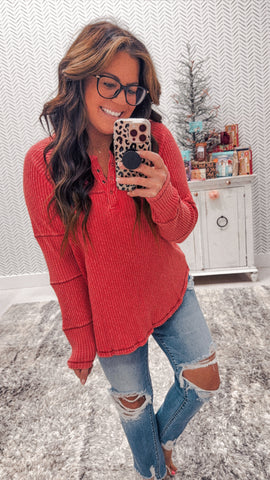 Easel Boho Red Acid Wash V Neck Top