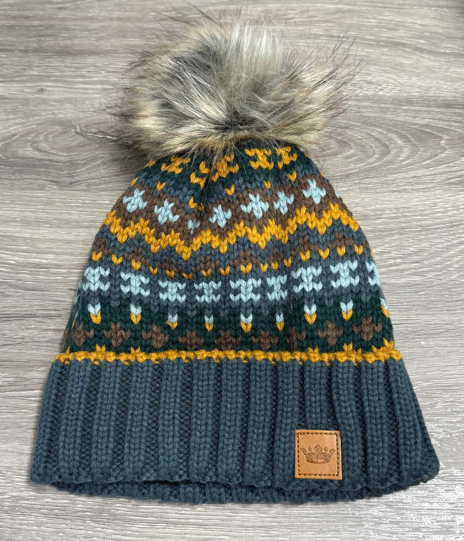 Dusty Blue Multi Patterned Pom Beanie