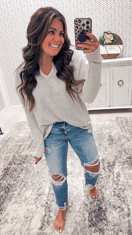 Heather Gray V Neck French Terry Pullover Top