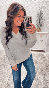 Heather Gray/Oatmeal Color Block V Neck Pullover