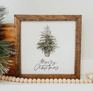 Merry Christmas Vintage Tree Wooden Framed Sign