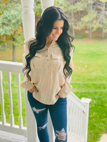 Cream Button Down V Neck