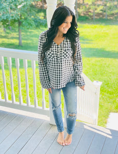 Black Plaid V Neck Button Front