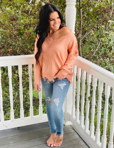 Shell Coral Frayed V Neck Sweater