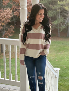 Mauve/Cream Striped V Neck Sweater