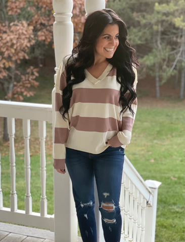 Mauve/Cream Striped V Neck Sweater