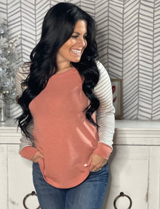 Dusty Coral Striped Raglan Long Sleeve