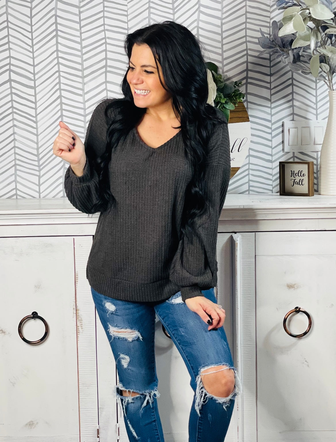 Charcoal V Neck Sweater Top