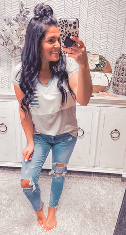 Denim/Heather Gray V Neck Color Block