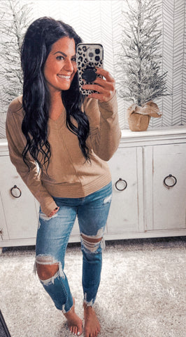 Allie Rose Taupe V Neck Pullover Sweater