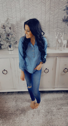 Denim V Neck Button Top *Doorbuster Cyber Wednesday*