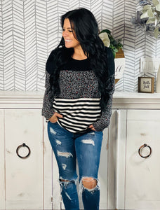 Gray Striped Leopard Color Block Top