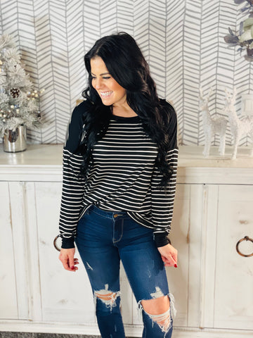 Black/White Striped Criss Cross Long Sleeve