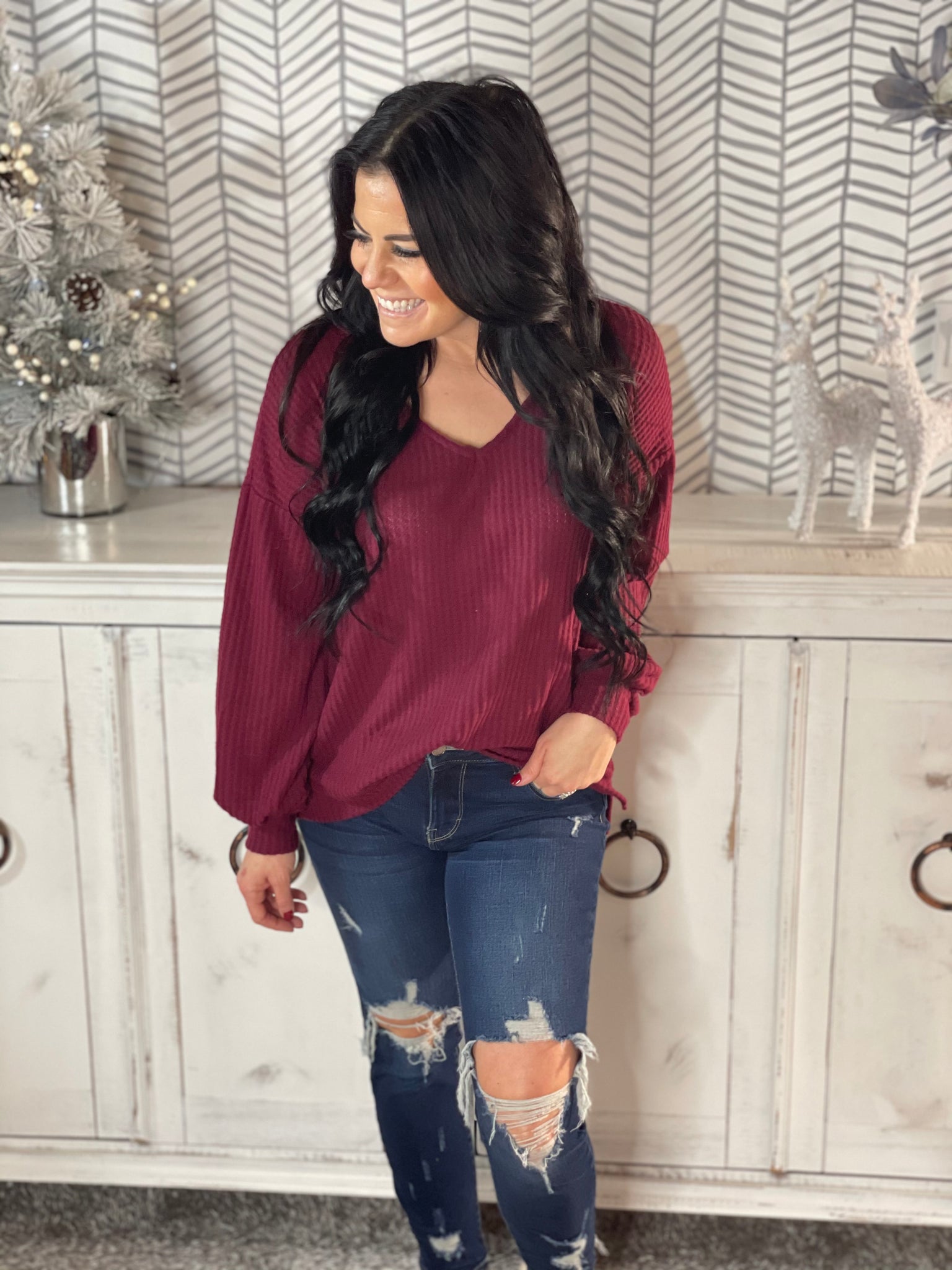 Burgundy V Neck Ribbed Sweater