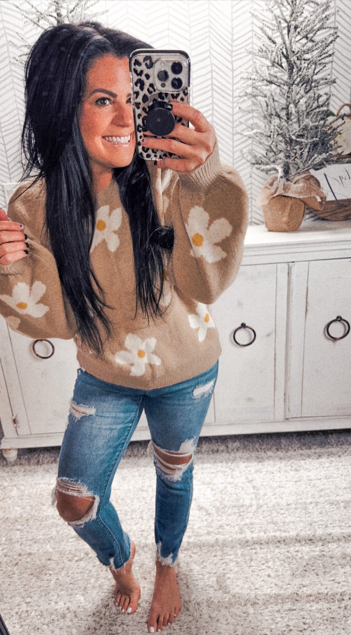 The Jaylyn Taupe Flower Sweater