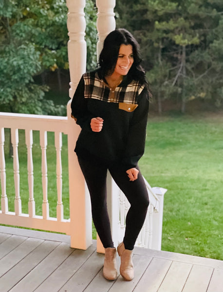 Black Plaid Snap Button Pullover