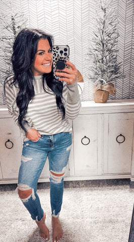 Gray/Ivory Striped Long Sleeve Top