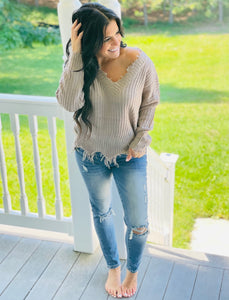 Taupe Gray Frayed V Neck Sweater