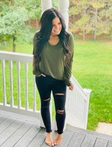 Olive V Neck Long Sleeve