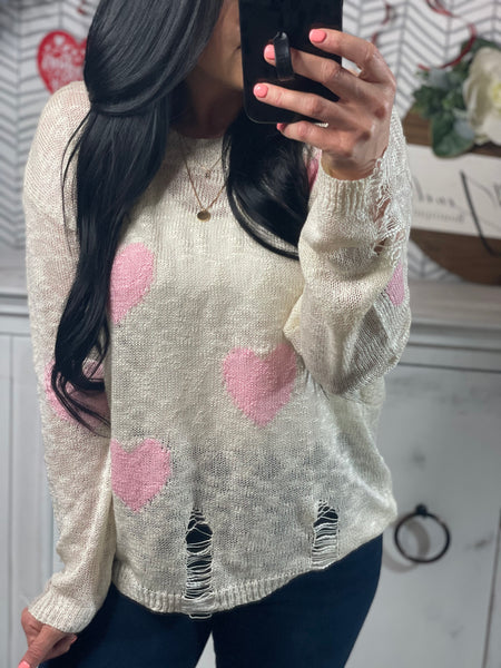 Kori America Heart Me Over Distressed Sweater