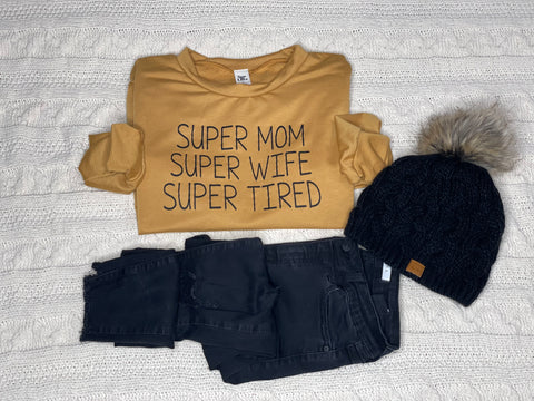 Super Mom, Super Wife, Super Tired Crewneck Long Sleeve