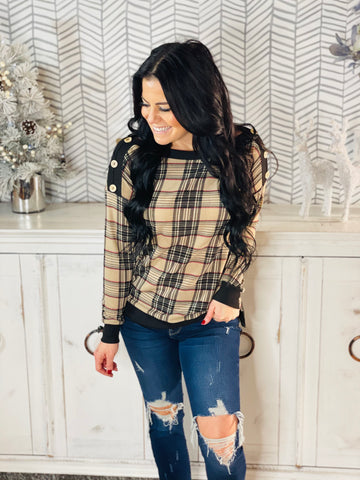 Taupe/Black Plaid Long Sleeve