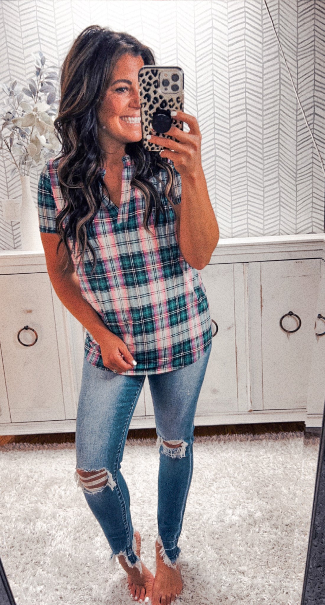 Teal/Pink Plaid V Neck Top