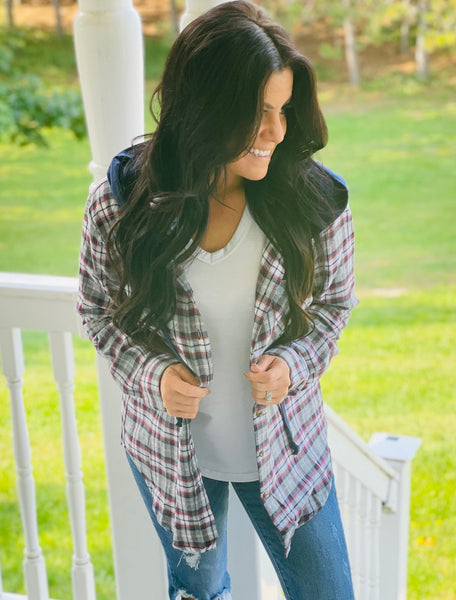 Navy Plaid Hoodie Flannel