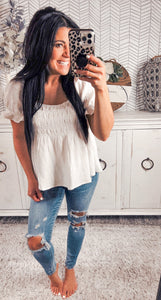 White Puff Sleeve Babydoll Top