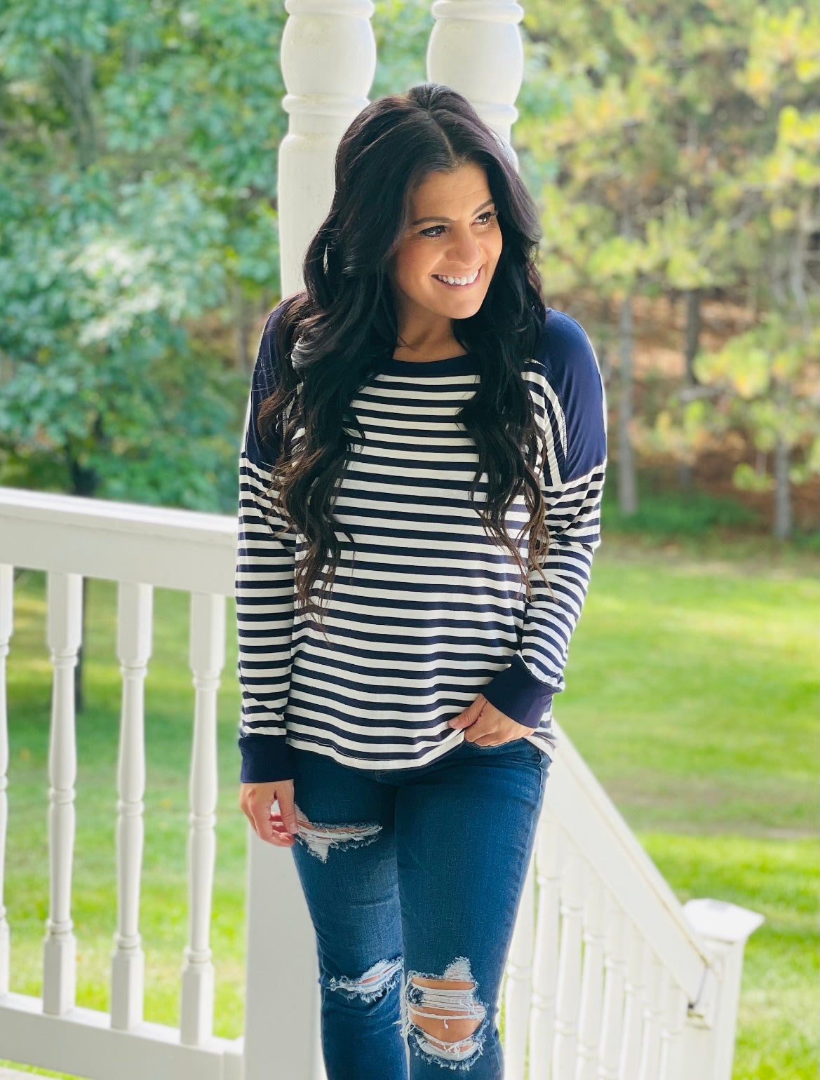 Navy/White Striped Criss Cross Long Sleeve