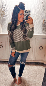 Olive Striped Color Block Top