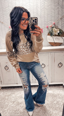 Oatmeal Taupe Leopard Color Block Long Sleeve