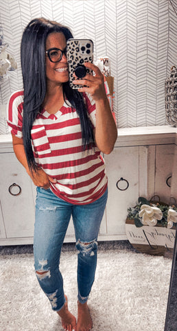 Wine Striped V Neck Tee