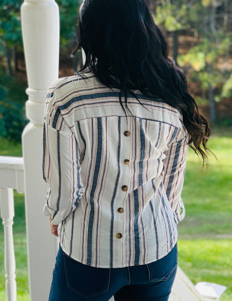 Linen Striped Plaid Long Sleeve Top