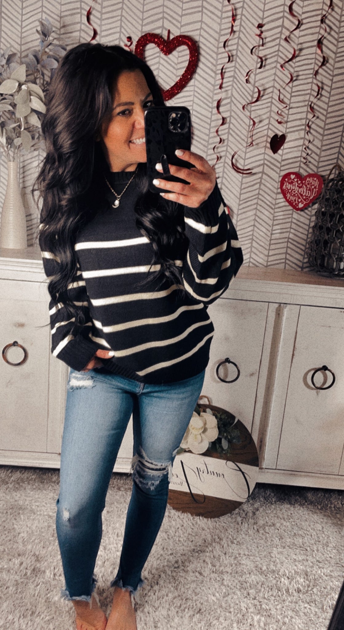 Black/Ivory Striped Crewneck Sweater