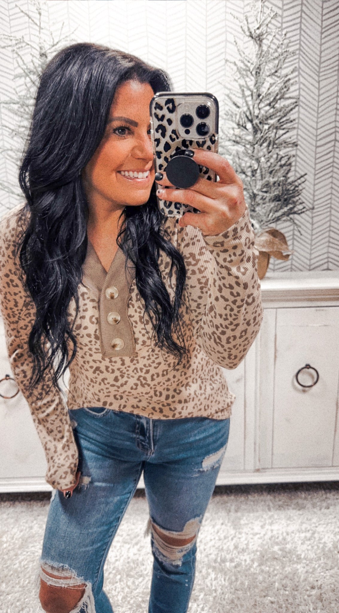 Mocha V Neck Leopard Button Top